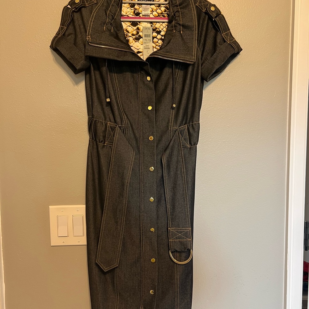 Cache Black Denim Midi Dress with Gold Accents